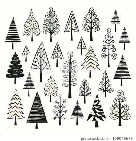 Christmas Tree Sketched Icon Hand Drawn, Xmas Tree Doodle Sketch Graphic Element, New Year Scribble Fir 109046676