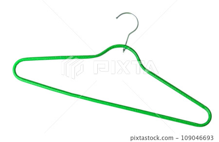 Green plastic empty hanger with a hook on a white background Green plastic empty hanger with a hook on a white background 109046693