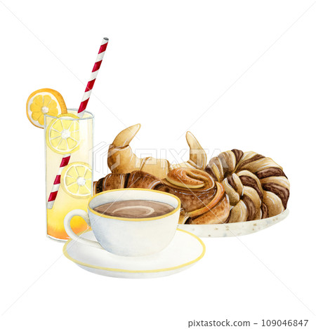 Continental breakfast with cup of coffee, croissants pastry and juice for morning snack watercolor illustration isolated on white background for hotel cafe menus Continental breakfast with cup of coffee, croissants pastry and juice for morning snack watercolor illustration isolated on white background for hotel cafe menus 109046847