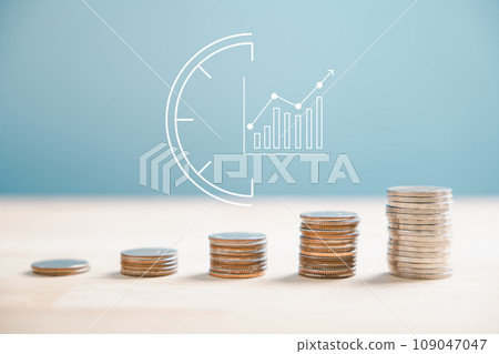 Silver coins form a stack adjacent to a trading chart rising arrow, illustrating financial concepts and investment in business stock growth. Technology leaps shape this landscape. money saving graph 109047047