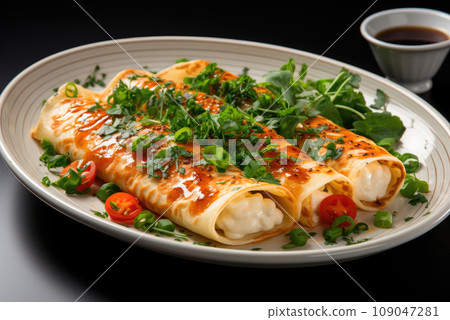 Pancakes with cottage cheese sprinkled with herbs on a white plate Pancakes with cottage cheese sprinkled with herbs on a white plate 109047281