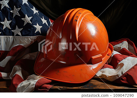 Happy Labor Day concept. American flag with a construction helmet on a dark background Happy Labor Day concept. American flag with a construction helmet on a dark background 109047290
