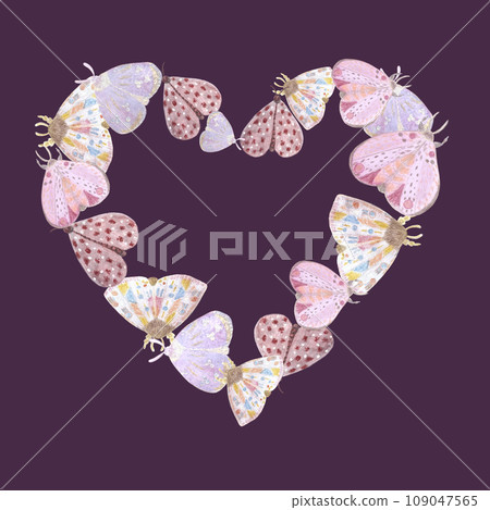 Hand painted watercolor delicate butterflies heart on purple background Hand painted watercolor delicate butterflies heart on purple background 109047565