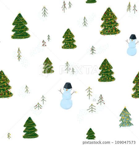 Watercolor Christmas trees snowmen pattern isolated on white 109047573