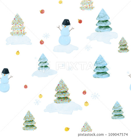 Watercolor Christmas trees snowmen pattern isolated on white Watercolor Christmas trees snowmen pattern isolated on white 109047574