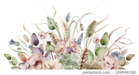 Lush floral border of wildflowers in watercolor. A hand-drawn botanical illustration depicting summer plants and herbs on an isolated background. Plant composition for postcards, logo and badge. Lush floral border of wildflowers in watercolor. A hand-drawn botanical illustration depicting summer plants and herbs on an isolated background. Plant composition for postcards, logo and badge. 109048198