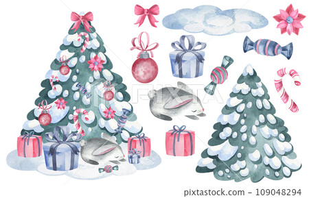 Christmas tree with bunnies and gifts. Watercolor baby illustration of the designer on an isolated background. Animal elements and decorations of the new year. Parts of the elements are hand-drawn for 109048294