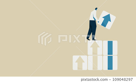 A man stacks building blocks with arrows. Image of small steps. 109048297