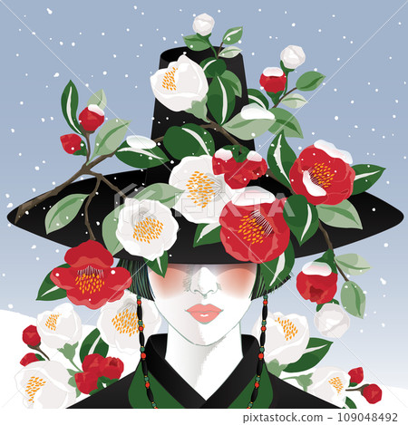 Vector illustration of a woman wearing a Gat, Korea traditional hat decorated with Camellia flowers. Design for banner, poster, card, invitation and scrapbook Vector illustration of a woman wearing a Gat, Korea traditional hat decorated with Camellia flowers. Design for banner, poster, card, invitation and scrapbook 109048492