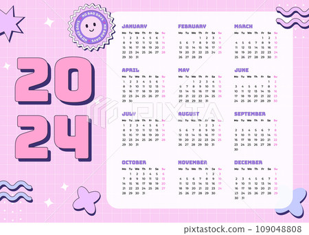 Vector monthly calendar 2024 in Y2k style, 90s graphic design. Bright color template in retro style with checkered background. 109048808