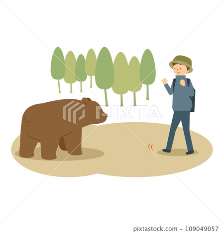 Illustration of a person slowly running backwards from a bear he encountered 109049057