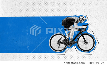 Poster. Contemporary art collage. Young athletic man riding bike in motion against white background. Old paper filter. Negative space for ad. Poster. Contemporary art collage. Young athletic man riding bike in motion against white background. Old paper filter. Negative space for ad. 109049124