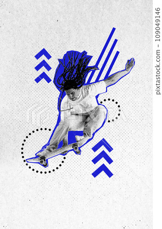 Contemporary art collage. Young man, skateboarder with modern hairstyle in monochrome performing freestyle trick against white background. Old paper filter. Contemporary art collage. Young man, skateboarder with modern hairstyle in monochrome performing freestyle trick against white background. Old paper filter. 109049146