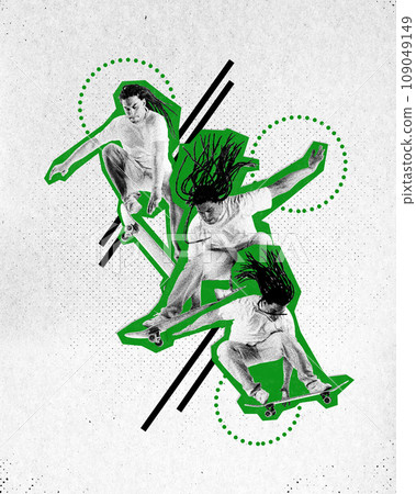 Contemporary art collage. Young man with hairdo hairstyle in monochrome performing Ollie trick against white background. Old paper filter. Contemporary art collage. Young man with hairdo hairstyle in monochrome performing Ollie trick against white background. Old paper filter. 109049149
