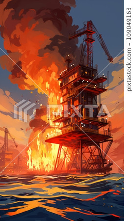 Fire on an oil rig in the sea or ocean Fire on an oil rig in the sea or ocean 109049163