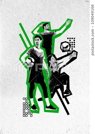 Contemporary art collage. Young man, volleyball player training kicking ball before match against white background in motion. Paper filter. 109049166