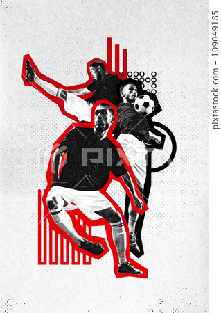 Contemporary art collage. Professional football player with bright silhouette training before match against white background in paper filter. 109049185