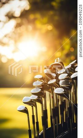 Golf clubs on the background of green golf course 109049228