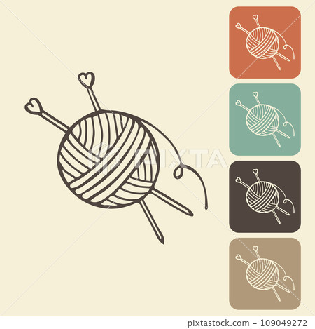 Knitting and crocheting icon in different variations. A skein, a ball of thread, a hook and knitting needles. Sketch, vector 109049272