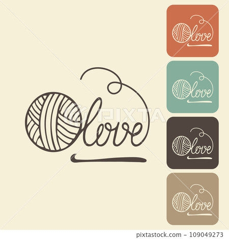 Knitting and crocheting icon in different variations. A skein, a ball of thread, a hook and knitting needles. Sketch, vector 109049273