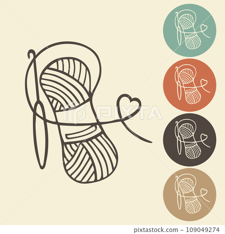 Knitting and crocheting icon in different variations. A skein, a ball of thread, a hook and knitting needles. Sketch, vector 109049274