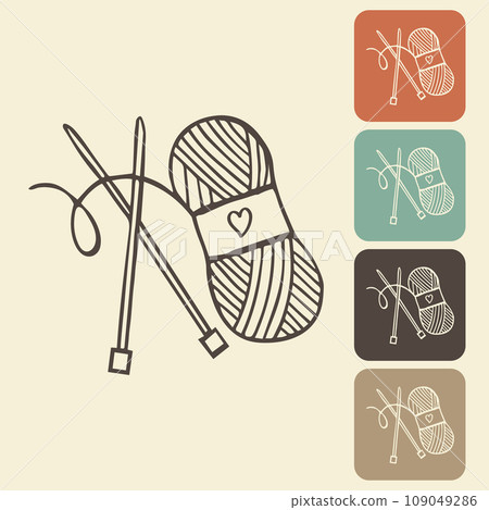 Knitting and crocheting icon in different variations. A skein, a ball of thread, a hook and knitting needles. Sketch, vector 109049286