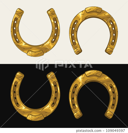 Golden shiny horseshoe in vintage style. Talisman, amulet, symbol of good luck, wealth, success. Golden shiny horseshoe in vintage style. Talisman, amulet, symbol of good luck, wealth, success. 109049397