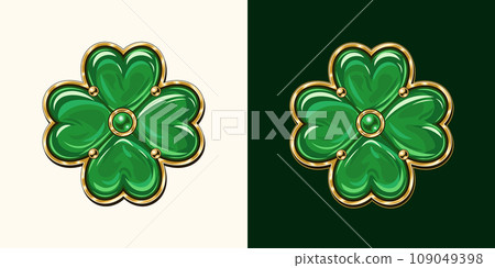 Clover like jewelry charm made of green enamel in golden frame. Lucky shamrock with 4 four leaves. St Patrick's Day decoration. Vintage style 109049398