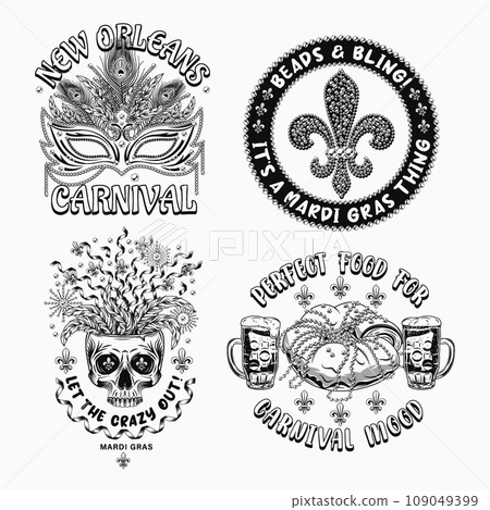 Carnival Mardi Gras labels with mask, skull, holiday food, Fleur de Lis sign, text Vintage illustrations on white background. For prints, clothing, t shirt, holiday goods, stuff, surface design 109049399