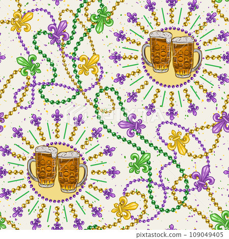 Seamless Mardi Gras pattern with full glasses of beer, strings of beads, trinket, Fleur de Lis sign. Festive holiday design on white textured background. Not AI 109049405