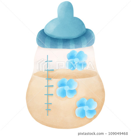 Watercolor painting of a blue boy's milk bottle for his son. Watercolor painting of a blue boy's milk bottle for his son. 109049468