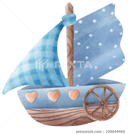 Watercolor painting of a blue boy's toy sailboat for his son. Watercolor painting of a blue boy's toy sailboat for his son. 109049469