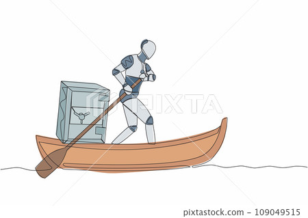 Single one line drawing intelligence robot standing in boat and sailing with safe deposit box. Escape with money. Criminal stole golden coin from bank. Continuous line draw design vector illustration Single one line drawing intelligence robot standing in boat and sailing with safe deposit box. Escape with money. Criminal stole golden coin from bank. Continuous line draw design vector illustration 109049515