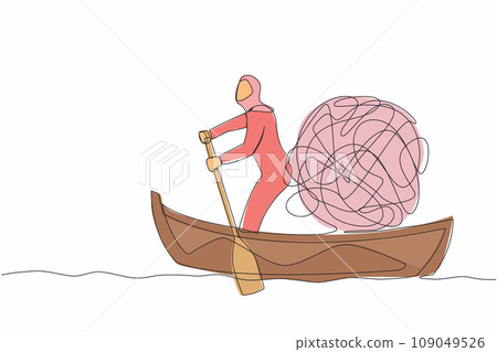 Single one line drawing Arab businesswoman standing in boat and sailing with messy mind ball round structure. Stressful, anxiety, psychological problem. Continuous line design vector illustration Single one line drawing Arab businesswoman standing in boat and sailing with messy mind ball round structure. Stressful, anxiety, psychological problem. Continuous line design vector illustration 109049526