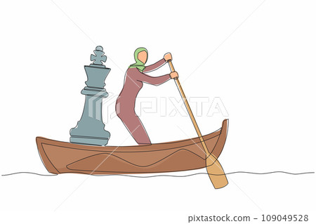 Single one line drawing Arab businesswoman standing in boat and sailing with chess king piece. Tactic and strategy in trade war. Success winning competition. Continuous line design vector illustration 109049528