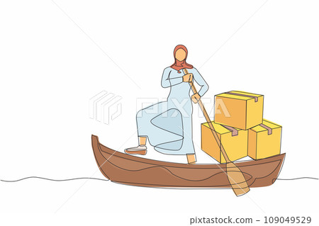 Single one line drawing Arab businesswoman standing in boat and sailing with pile of cardboard. Shipping through the ocean. Delivery and packaging. Continuous line design graphic vector illustration 109049529