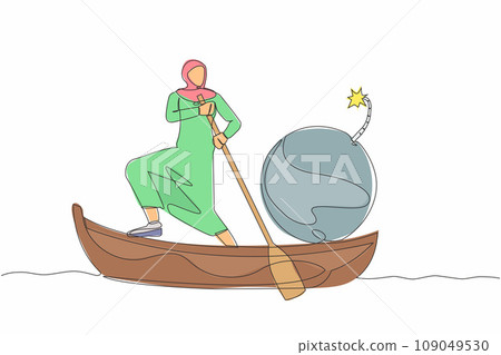Single continuous line drawing Arab businesswoman standing in boat, sailing with bomb. Manager carry dangerous risks for company. Economic collapse due to crisis. One line design vector illustration 109049530