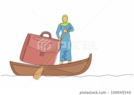 Single continuous line drawing Arab businesswoman standing in boat and sailing with briefcase. Success male manager on summer vacation. Escape from routine. One line graphic design vector illustration Single continuous line drawing Arab businesswoman standing in boat and sailing with briefcase. Success male manager on summer vacation. Escape from routine. One line graphic design vector illustration 109049549