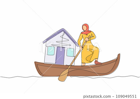 Single one line drawing Arab businesswoman standing in boat and sailing with house. Housing loan settlement. Banks provide home mortgage installments. Continuous line draw design vector illustration 109049551