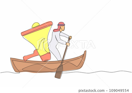 Single one line drawing Arabian businessman sailing away on boat with megaphone. Command leader, control through megaphone, leadership and teamwork. Continuous line design graphic vector illustration 109049554
