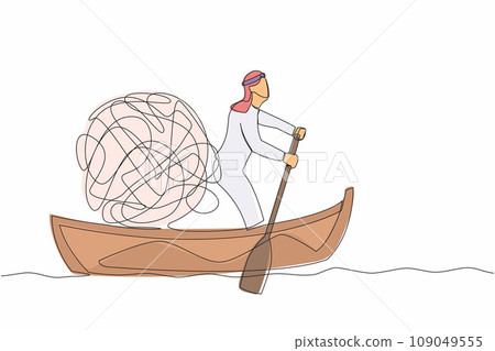 Continuous one line drawing Arab businessman sailing away on boat with messy line. Stressed office worker escape from chaotic or anxiety minded. Mental health. Single line design vector illustration Continuous one line drawing Arab businessman sailing away on boat with messy line. Stressed office worker escape from chaotic or anxiety minded. Mental health. Single line design vector illustration 109049555