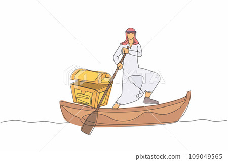 Single one line drawing Arab businessman sailing away on boat with treasure chest. Money laundering, political corruption. Criminal stole golden coins. Continuous line draw design vector illustration Single one line drawing Arab businessman sailing away on boat with treasure chest. Money laundering, political corruption. Criminal stole golden coins. Continuous line draw design vector illustration 109049565