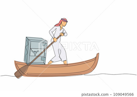 Continuous one line drawing Arabian businessman sailing away on boat with safe deposit box. Unexpected financial opportunities, credit, bank deposit protection. Single line design vector illustration Continuous one line drawing Arabian businessman sailing away on boat with safe deposit box. Unexpected financial opportunities, credit, bank deposit protection. Single line design vector illustration 109049566