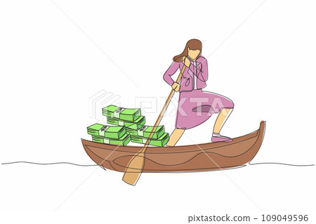 Single continuous line drawing businesswoman sailing away on boat with pile of banknote. Escape with money. Financial crime, tax evasion, money laundering. One line graphic design vector illustration 109049596
