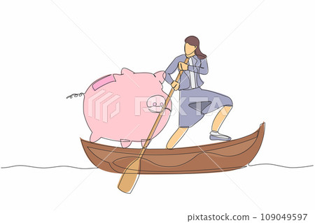 Continuous one line drawing businesswoman sailing away on boat with piggy bank. Saving money for financial management. Investment for personal use. Single line draw design vector graphic illustration 109049597