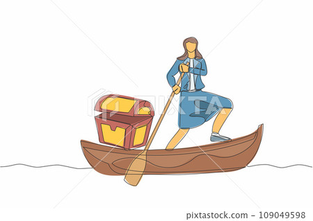 Single one line drawing businesswoman sailing away on boat with treasure chest. Money laundering, political corruption. Criminal stole golden coins. Continuous line design graphic vector illustration Single one line drawing businesswoman sailing away on boat with treasure chest. Money laundering, political corruption. Criminal stole golden coins. Continuous line design graphic vector illustration 109049598