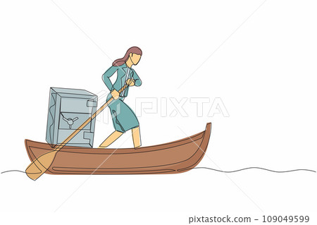 Continuous one line drawing businesswoman sailing away on boat with safe deposit box. Unexpected financial opportunities, credit, bank deposit protection. Single line draw design vector illustration Continuous one line drawing businesswoman sailing away on boat with safe deposit box. Unexpected financial opportunities, credit, bank deposit protection. Single line draw design vector illustration 109049599