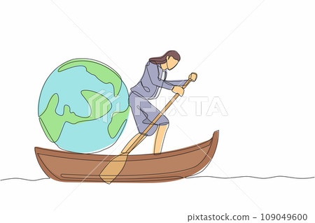Single continuous line drawing businesswoman standing in boat and sailing with globe ball. Taking trip around the world by ship. Tourism or travelling. One line draw graphic design vector illustration 109049600