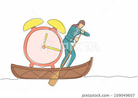 Single continuous line drawing businesswoman sailing away on boat with alarm clock. Time management in business project deadline. Success business concept. One line graphic design vector illustration Single continuous line drawing businesswoman sailing away on boat with alarm clock. Time management in business project deadline. Success business concept. One line graphic design vector illustration 109049607