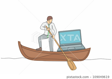 Single continuous line drawing businessman standing in boat and sailing with laptop computer. Happy worker as a freelancer or creative manager. Remote work. One line graphic design vector illustration 109049619